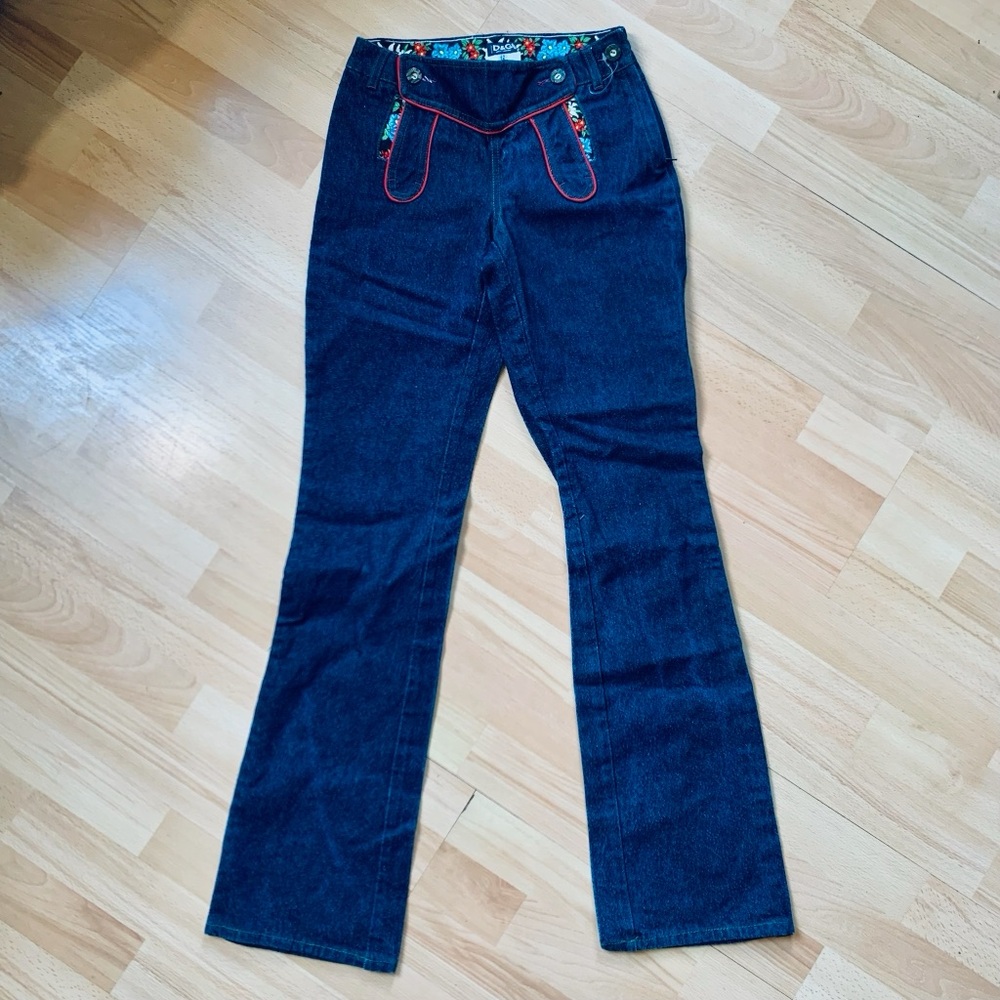 D&G Dark Blue straight leg Jeans with Red Embroidery